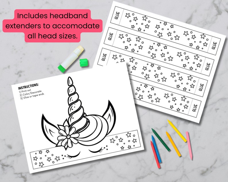 Peut inclure: Un mod&egrave;le imprimable de serre-t&ecirc;te licorne avec des instructions pour colorier, d&eacute;corer et coller ou scotcher les extr&eacute;mit&eacute;s. Le serre-t&ecirc;te est d&eacute;cor&eacute; d'&eacute;toiles et de cercles. L'artisanat comprend un b&acirc;ton de colle et des crayons.