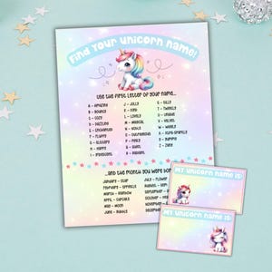 May include: A pastel-coloured unicorn-themed party game with the text "Find your unicorn name!" and a list of names. Includes two matching name cards with unicorn illustrations. Ideal for a children's birthday party.