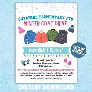 May include: A flyer for the Sunshine Elementary PTO Winter Coat Drive. The flyer features illustrations of winter coats, hats, and gloves. Text includes the dates December 1-15, 2025, and the drop-off location. The flyer encourages donations of new or gently used coats.