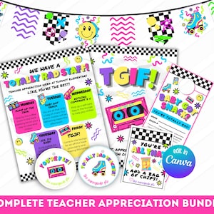 Op de afbeelding: Een complete lerarenwaarderingbundel met een retro jaren 80 thema. Bevat printbare borden, labels en banners met zinnen als "Totally Rad Staff!" en "Baby Got Snacks!". Het ontwerp bevat cassettes, rolschaatsen en smiley's.