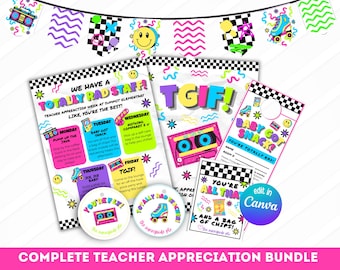 90s Teacher Appreciation Week Bundle Retro Theme Editable Canva Templates, Neon School Staff Appreciation Kit, PTO PTA Decor Pack