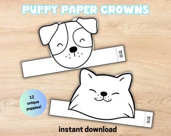 Printable Puppy Crowns, Kids Coloring Craft, DIY Dog Themed Birthday Party Favor
