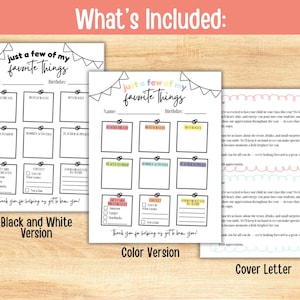 May include: A set of printable worksheets titled "Just a Few of My Favorite Things" in black and white and color versions, along with a cover letter. The worksheets include sections for snacks, restaurants, beverages, places to shop, hobbies, and teacher supplies.