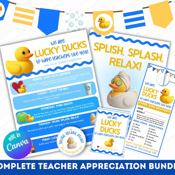 Puede incluir: Un paquete de agradecimiento para maestros con patitos de goma amarillos, banderines azules y amarillos, y texto que incluye We Are Lucky Ducks, Splish Splash Relax y Pond Side Delivery. El set incluye un horario semanal, etiquetas y formularios.