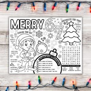 May include: Black and white Christmas activity sheet with the word "MERRY" at the top. Includes a maze, word search, and a scavenger hunt. Features an elf holding a drink and a Christmas tree.