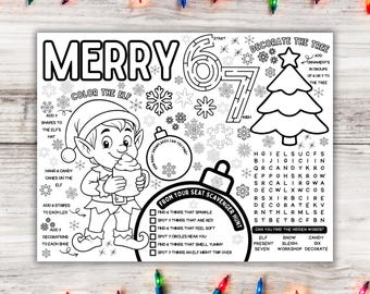 Mantel individual imprimible de 6 y 7 duendes, hoja para colorear navideña para niños
