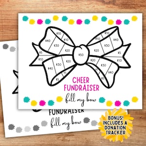Könnte beinhalten: Zwei weiße Cheer Fundraiser-Blätter mit einem Schleifendesign, mit Spendenbeträgen von 5 € bis 50 €. Der Text "CHEER FUNDRAISER fill my bow" wird angezeigt. Ein Bonus-Spenden-Tracker ist enthalten.