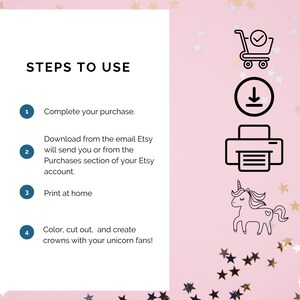 Peut inclure: Un fond rose avec des &eacute;toiles dor&eacute;es et des instructions sur la fa&ccedil;on d'utiliser une couronne d'unicorn imprimable. Les &eacute;tapes sont&nbsp;: 1. Achetez votre produit. 2. T&eacute;l&eacute;chargez le fichier depuis l'e-mail que vous recevrez d'Etsy ou depuis la section Achats de votre compte Etsy. 3. Imprimez &agrave; la maison. 4. Coloriez, d&eacute;coupez et cr&eacute;ez des couronnes avec vos fans d'unicorn!