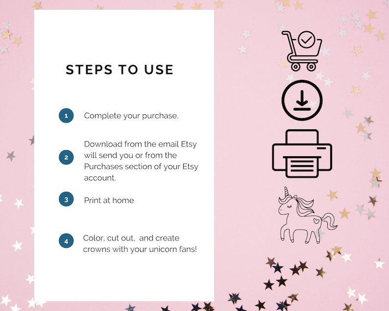 Peut inclure: Un fond rose avec des &eacute;toiles dor&eacute;es et des instructions sur la fa&ccedil;on d'utiliser une couronne d'unicorn imprimable. Les &eacute;tapes sont&nbsp;: 1. Achetez votre produit. 2. T&eacute;l&eacute;chargez le fichier depuis l'e-mail que vous recevrez d'Etsy ou depuis la section Achats de votre compte Etsy. 3. Imprimez &agrave; la maison. 4. Coloriez, d&eacute;coupez et cr&eacute;ez des couronnes avec vos fans d'unicorn!