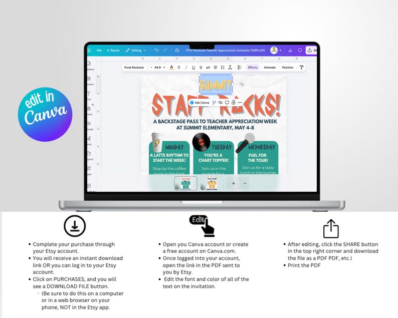 Rockstar Staff Appreciation Week Itinerary Template, Teacher Thank You ...