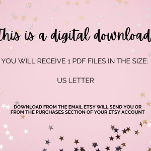 Peut inclure: Fond rose avec des &eacute;toiles argent&eacute;es et dor&eacute;es. Le texte indique : "Ceci est un t&eacute;l&eacute;chargement num&eacute;rique ! Vous recevrez 1 fichier PDF au format : US Letter. T&eacute;l&eacute;chargez &agrave; partir de l'e-mail qu'Etsy vous enverra ou depuis la section Achats de votre compte Etsy."