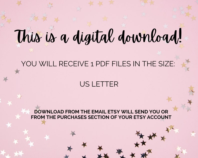 Peut inclure: Fond rose avec des &eacute;toiles argent&eacute;es et dor&eacute;es. Le texte indique : "Ceci est un t&eacute;l&eacute;chargement num&eacute;rique ! Vous recevrez 1 fichier PDF au format : US Letter. T&eacute;l&eacute;chargez &agrave; partir de l'e-mail qu'Etsy vous enverra ou depuis la section Achats de votre compte Etsy."
