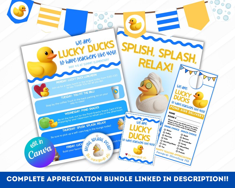 May include: A collection of printable teacher appreciation materials featuring a yellow rubber duck theme. Includes signs, door hangers, and a round sticker with the text "Splish, Splash, Relax!" and "Lucky Ducks".