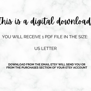 Puede incluir: Texto sobre un fondo de m&aacute;rmol blanco que dice "&iexcl;Esto es una descarga digital! Recibir&aacute;s 1 archivo PDF en el tama&ntilde;o: US Letter Descarga desde el correo electr&oacute;nico que Etsy te enviar&aacute; o desde la secci&oacute;n de compras de tu cuenta de Etsy."
