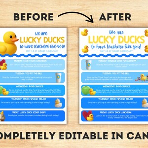 May include: A before and after image of a flyer with a yellow duck theme. The text reads "We are Lucky Ducks to have teachers like you!" and lists daily activities. The flyer is completely editable in Canva.
