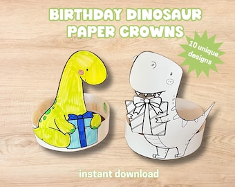 Couronnes d'anniversaire dinosaures à imprimer : activités manuelles à colorier pour enfants (téléchargement numérique)