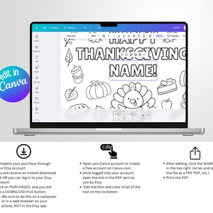 Puede incluir: Una pantalla de port&aacute;til muestra una p&aacute;gina para colorear de Acci&oacute;n de Gracias en blanco y negro con las palabras "HAPPY THANKSGIVING NAME!" e ilustraciones festivas. Un logotipo colorido "edit in Canva" est&aacute; a la izquierda. Instrucciones de edici&oacute;n y descarga abajo.