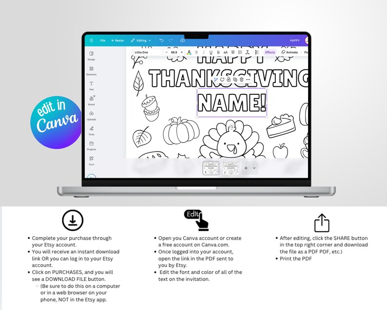 Puede incluir: Una pantalla de port&aacute;til muestra una p&aacute;gina para colorear de Acci&oacute;n de Gracias en blanco y negro con las palabras "HAPPY THANKSGIVING NAME!" e ilustraciones festivas. Un logotipo colorido "edit in Canva" est&aacute; a la izquierda. Instrucciones de edici&oacute;n y descarga abajo.