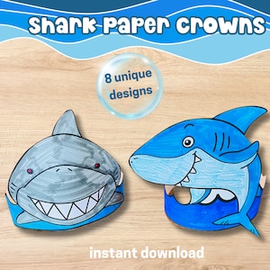 Printable Shark Paper Crown, Kids Coloring Craft, DIY Shark Birthday Party Favor, Shark Theme Week Project