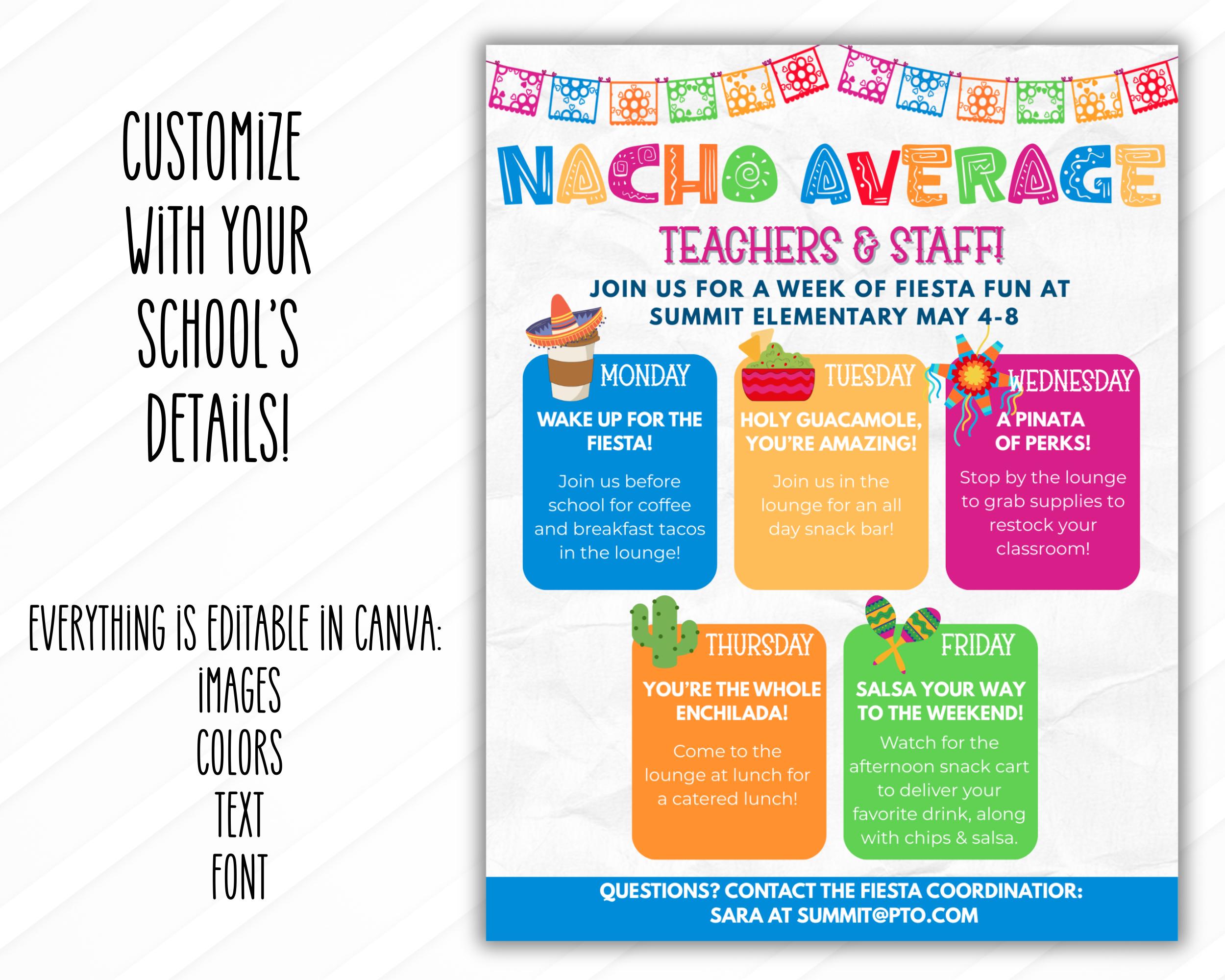 Nacho Average Teacher Appreciation Itinerary Editable Template, Fiesta ...