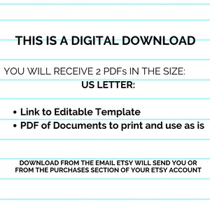 May include: White background with horizontal blue lines. Text reads: "THIS IS A DIGITAL DOWNLOAD." Additional text details receiving 2 PDFs in US Letter size, a link to an editable template, and a PDF to print.