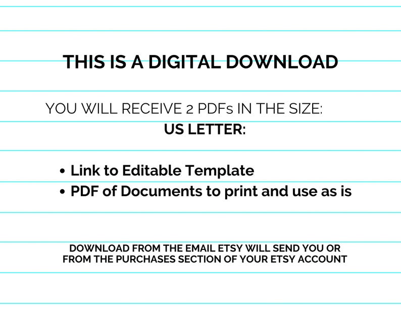 May include: White background with horizontal blue lines. Text reads: "THIS IS A DIGITAL DOWNLOAD." Additional text details receiving 2 PDFs in US Letter size, a link to an editable template, and a PDF to print.