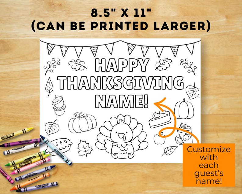 Puede incluir: Una p&aacute;gina para colorear de Acci&oacute;n de Gracias en blanco y negro con el texto "HAPPY THANKSGIVING NAME!". La p&aacute;gina incluye ilustraciones de un pavo, calabazas, hojas y pastel. La p&aacute;gina mide 21,6 cm x 27,9 cm y se puede imprimir m&aacute;s grande.