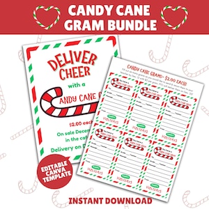 May include: A festive Candy Cane Gram Bundle with a red and white candy cane design. The bundle includes printable templates with the text "Deliver Cheer" and "Happy Holidays". The design is available as an instant download.