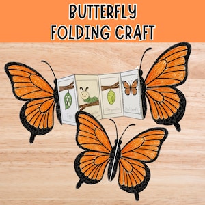 May include: An illustration of a butterfly folding craft with orange and black wings. The craft shows the butterfly life cycle stages: egg, caterpillar, chrysalis, and butterfly. The text "BUTTERFLY FOLDING CRAFT" is at the top.