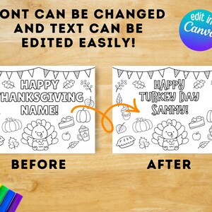 Puede incluir: Imagen de antes y despu&eacute;s de una p&aacute;gina para colorear de Acci&oacute;n de Gracias. El lado izquierdo dice "Happy Thanksgiving Name!" y el lado derecho "Happy Turkey Day Sammy!". Ambas p&aacute;ginas tienen un pavo, calabazas, pastel y otros dibujos festivos.