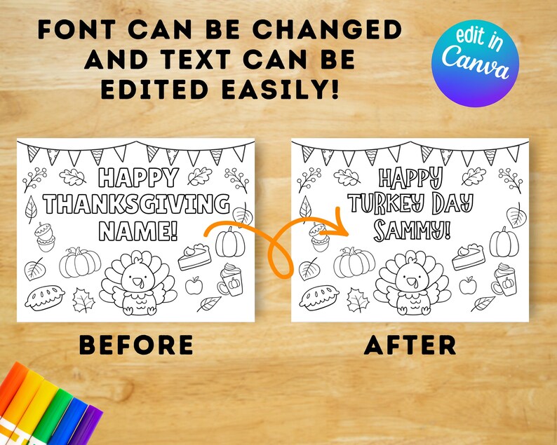 Puede incluir: Imagen de antes y despu&eacute;s de una p&aacute;gina para colorear de Acci&oacute;n de Gracias. El lado izquierdo dice "Happy Thanksgiving Name!" y el lado derecho "Happy Turkey Day Sammy!". Ambas p&aacute;ginas tienen un pavo, calabazas, pastel y otros dibujos festivos.