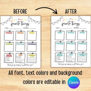 May include: A printable "Just a Few of My Favorite Things" questionnaire. The design features a white background with colorful boxes for filling in preferences. The text "Just a Few of My Favorite Things" is at the top. The bottom text says "All font, text colors and background colors are editable in Canva."