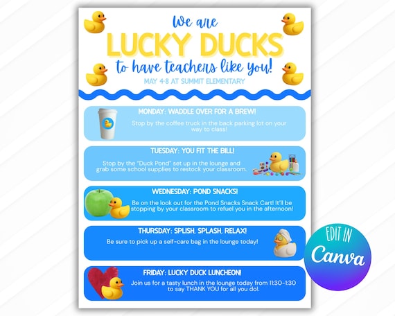 Teacher Appreciation Week 2026 Schedule Template, Lucky Ducks Theme, PTO PTA Staff Appreciation Invitation, School Thank You Flyer