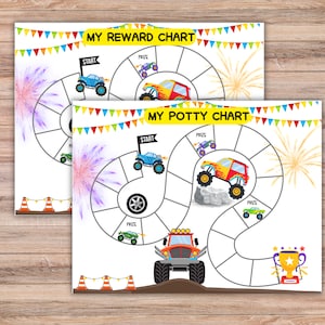 Puede incluir: Dos tablas de recompensas imprimibles con temática de monster trucks. La primera tabla se titula "Mi tabla de recompensas" y la segunda tabla se titula "Mi tabla de orinal". Ambas tablas presentan una pista de carreras de monster trucks con espacios para pegatinas o marcas de verificación.