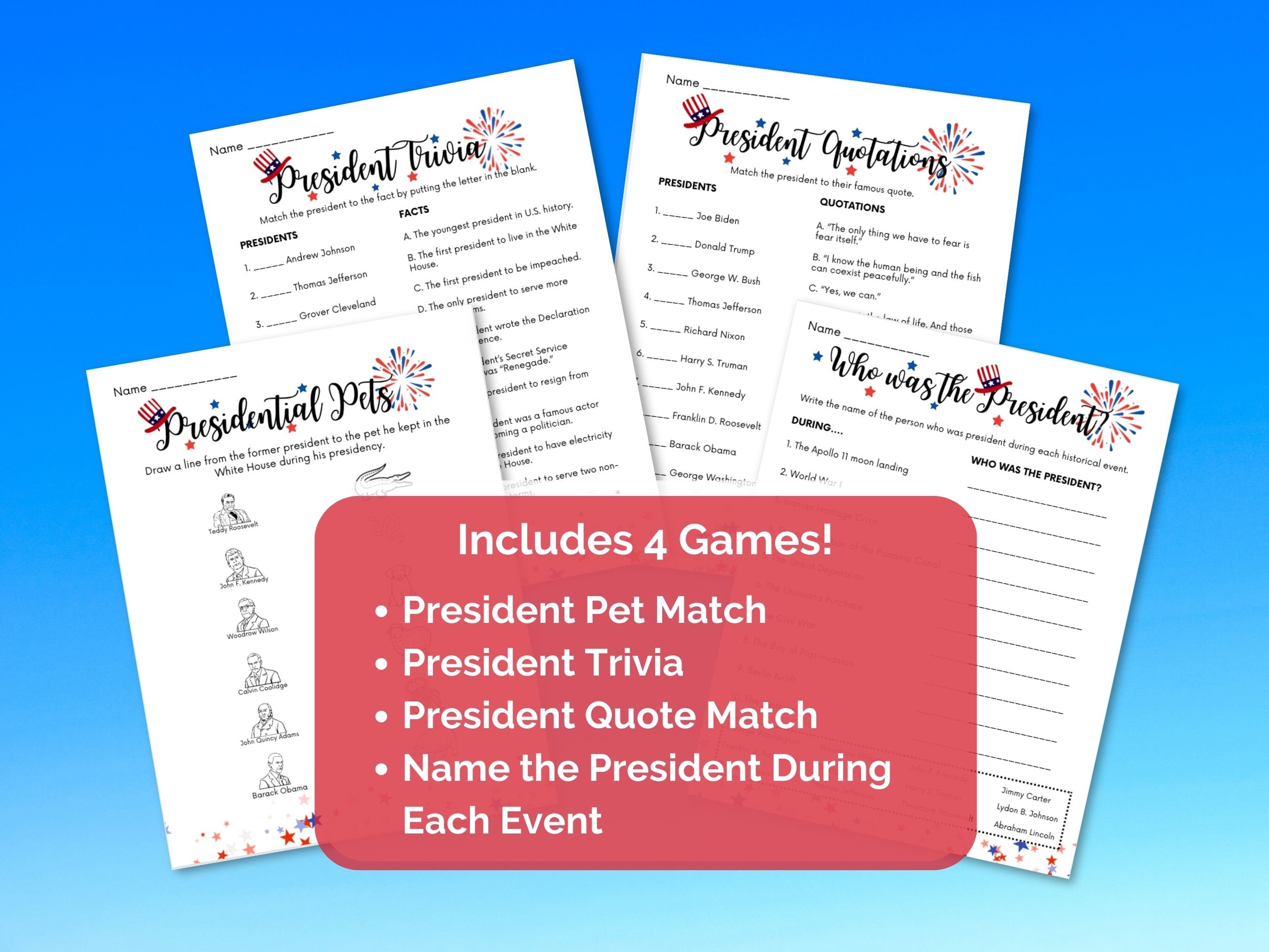 Presidents Day Trivia Game, Printable Presidential Trivia, US President ...