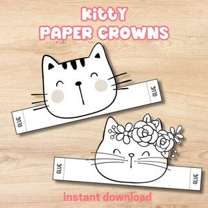 Könnte beinhalten: Zwei Papier-Katzenkronen mit dem Text "Kitty PAPER CROWNS" und "instant download". Die Kronen sind weiß mit schwarzen Umrissen, zeigen Katzen-Gesichter mit Schnurrhaaren und das Wort "GLUE" auf den Laschen.