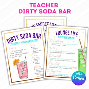 Puede incluir: Tres letreros imprimibles para un "Dirty Soda Bar" con una combinación de colores rosa y turquesa. Los letreros incluyen recetas de bebidas e instrucciones para personalizar los refrescos. El texto "Teacher Dirty Soda Bar" está en la parte superior.