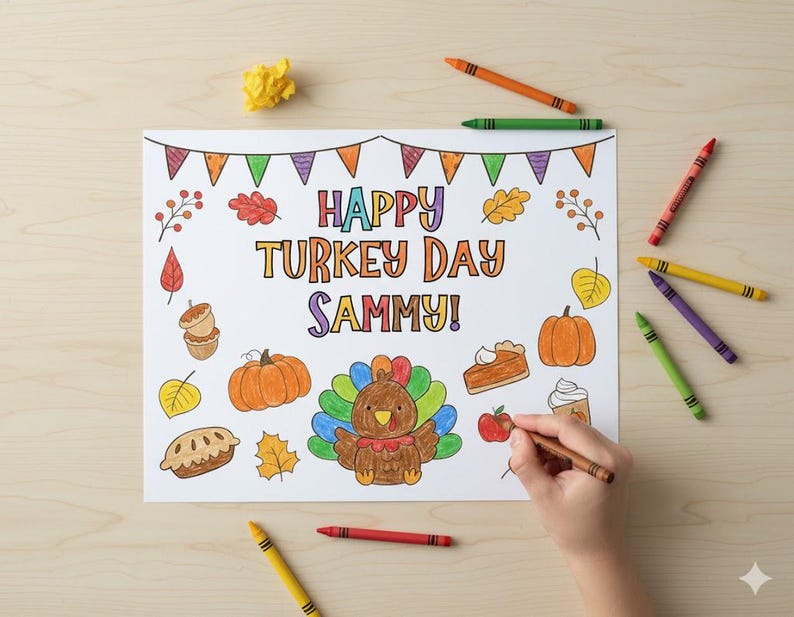 Puede incluir: Una p&aacute;gina para colorear con el texto "Happy Turkey Day Sammy!" presenta un pavo de dibujos animados, calabazas, pastel y hojas de oto&ntilde;o. Los crayones de varios colores rodean la p&aacute;gina, con una mano sosteniendo un cray&oacute;n marr&oacute;n, coloreando la manzana.