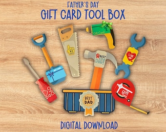May include: A printable Father's Day gift card tool box with a blue toolbox, a hammer, a saw, a screwdriver, a shovel, a drill, and a tape measure. The tools have gift card holders with the text "Gift Card" and "Best Dad!" on them.