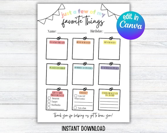 Editable Teacher Favorite Things Survey | Back to School Printable | Teacher Gift Idea | PTO | Teacher Appreciation Form