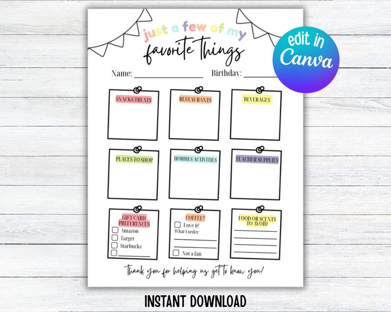 Editable Teacher Favorite Things Survey | Back to School Printable | Teacher Gift Idea | PTO | Teacher Appreciation Form