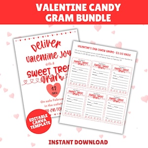 May include: A Valentine's Day candy gram bundle with two printable templates. One template reads "Deliver Valentine Joy with a Sweet Treat Gram" and the other has spaces to write messages. The bundle is an instant download.