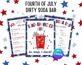 4th of July Dirty Soda Bar Kit Template, Patriotic Drink Station Signs, Editable Canva Party Decor, USA Soda Bar Printable
