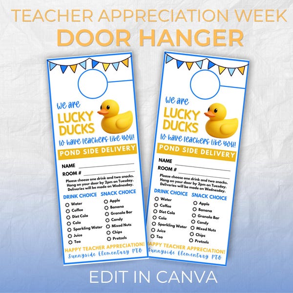 Colgador de puerta para la Semana de Agradecimiento a los Maestros, plantilla de servicio de habitaciones VIP Lucky Duck para regalos de agradecimiento, imprimible, ideas editables para la PTA/PTO