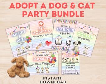 May include: A collection of colorful pet party bundle printables with the text "ADOPT A DOG & CAT PARTY BUNDLE". The bundle includes invitations, signs, and activities with illustrations of dogs and cats. A plush dog toy is in the foreground.