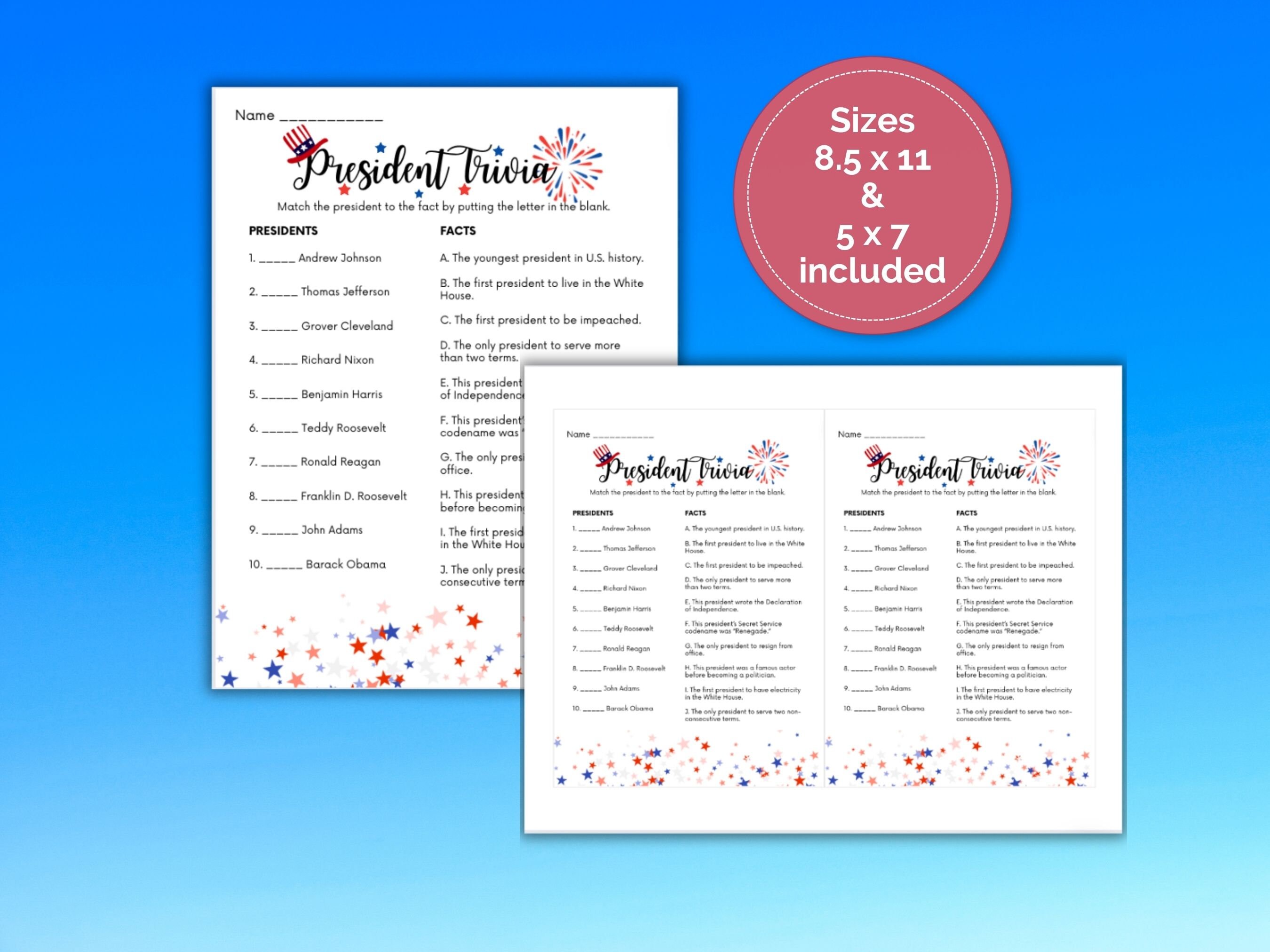 Presidents Day Trivia Game, Printable Presidential Trivia, US President ...