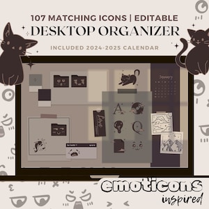 Könnte beinhalten: Ein digitaler Desktop-Organizer mit einer schwarzen Katzenillustration und dem Text "107 passende Icons | Bearbeitbarer Desktop-Organizer Inklusive Kalender 2024-2025". Der Organizer enthält einen Kalender, Ordner und verschiedene Icons mit Emoticon-Thema. Der Text "emoticonns inspired" befindet sich am unteren Rand des Bildes.