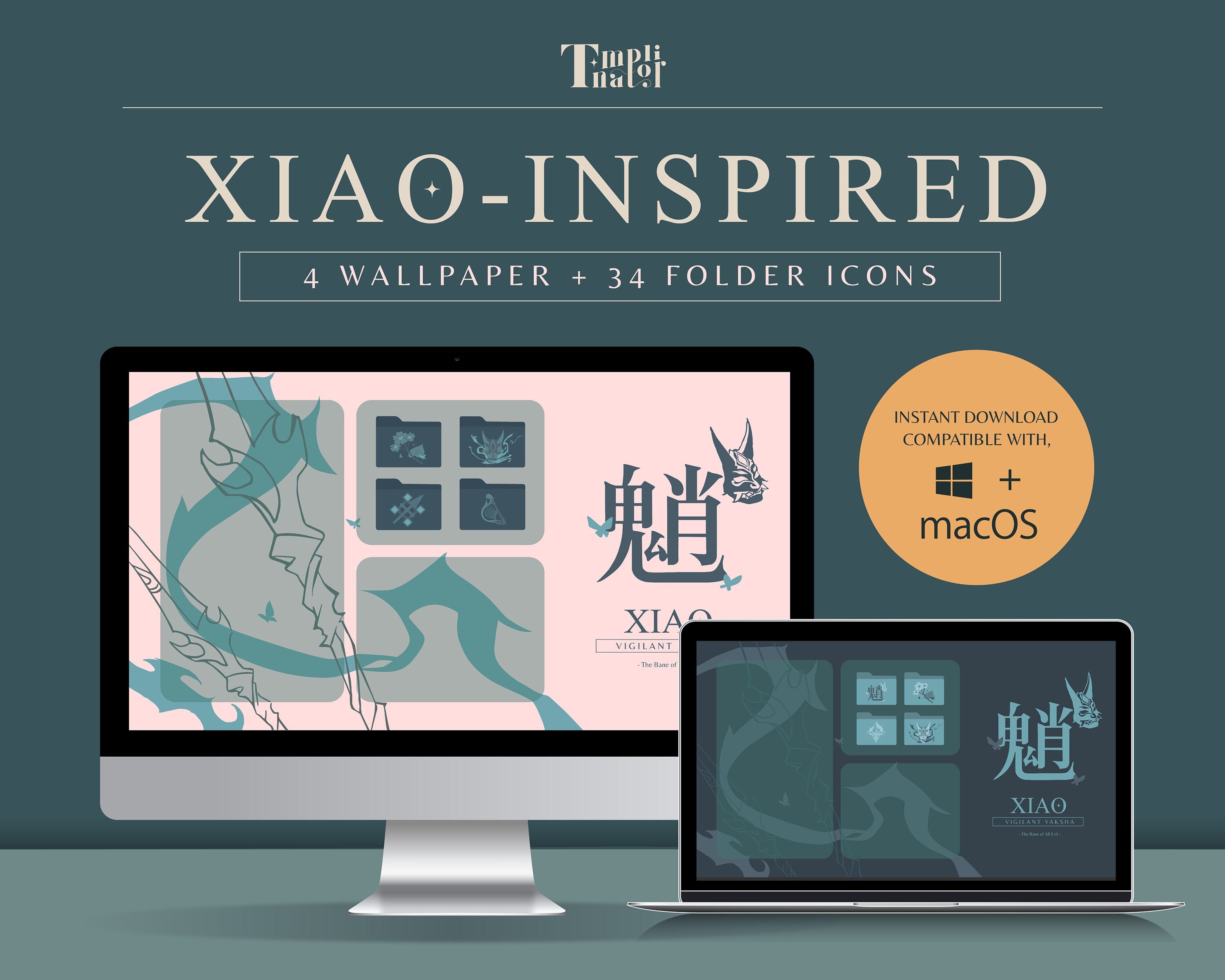 Genshin Impact Xiao Themed Desktop Organizer Wallpaper With Folder Icons, Aesthetic, Organization, Windows, Mac, Background Set