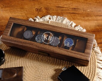 Horlogedoos voor mannen, lederen horlogekast gepersonaliseerd, organisator horlogekast met glazen blad, gegraveerde horlogekast, horlogehouder, bruidsjonkers geschenken