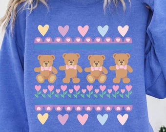 Vintage 1980s Teddy Bears Sweatshirt, Original Retro Teddy Bears With Hearts Shirt, Blue Ribbon Funny Retro Sweatshirt, Cute Bear Shirt
